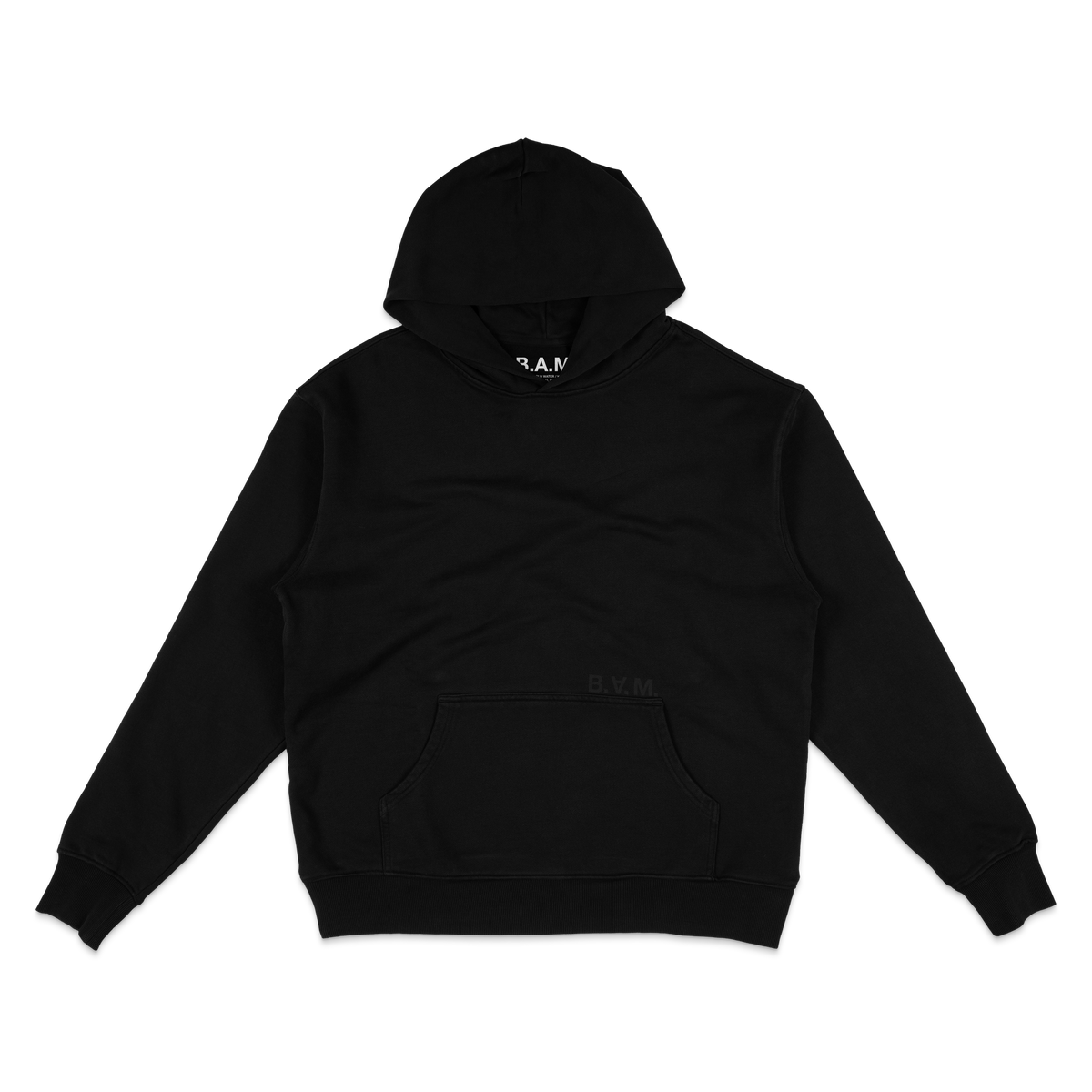 Black hoodie front with tonal black B.A.M. logo above the pocket – BY ANY MEANS by 2ManyLookz
