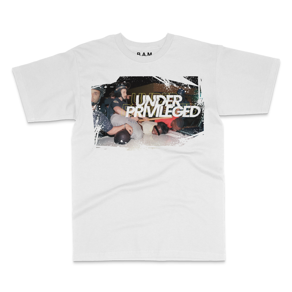 White tee with photo of riot police pinning men to a car hood under Under Privileged lettering – BY ANY MEANS by 2ManyLookz