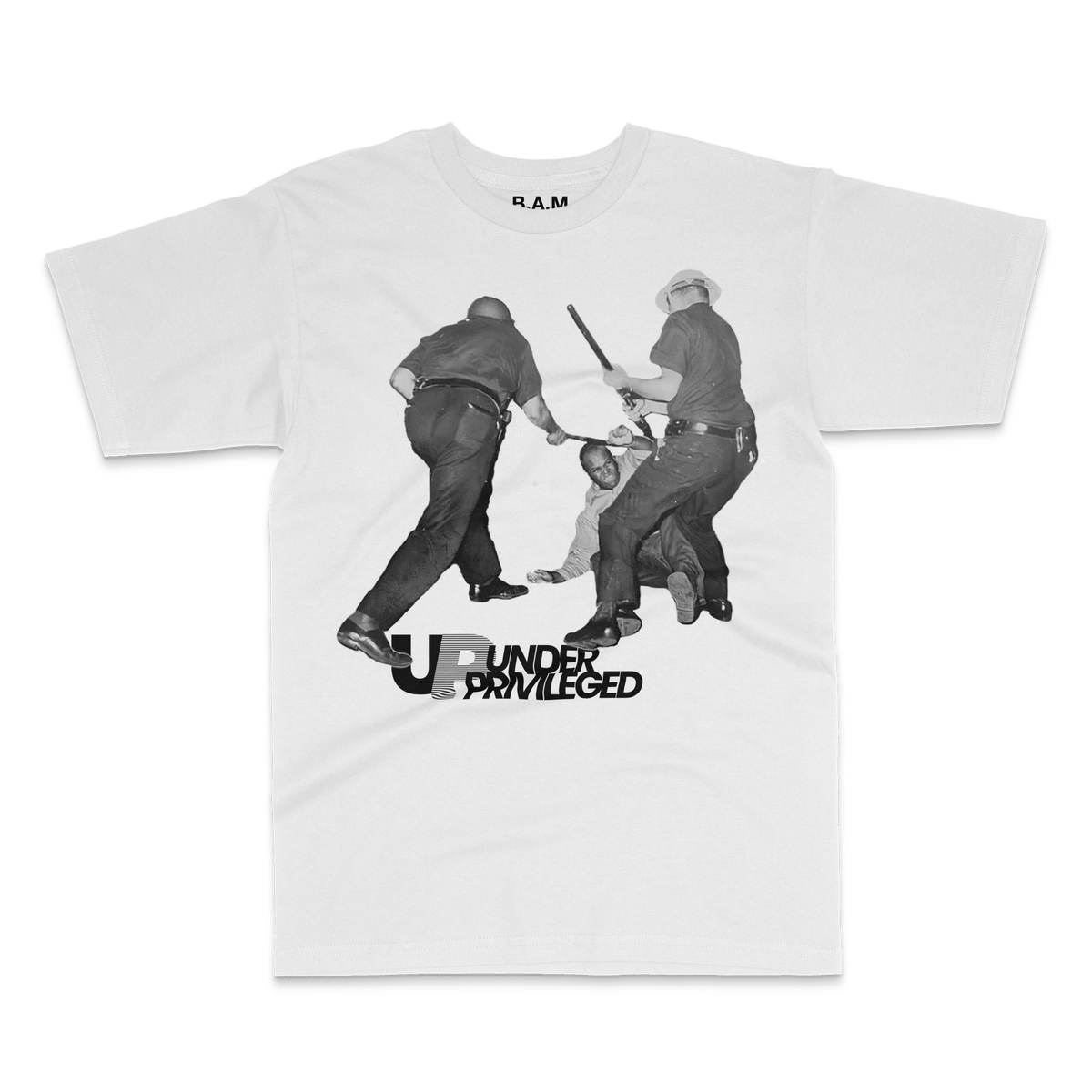 White tee with archival photo of two officers swinging batons at a man on the ground, Under Privileged lettering – BY ANY MEANS by 2ManyLookz