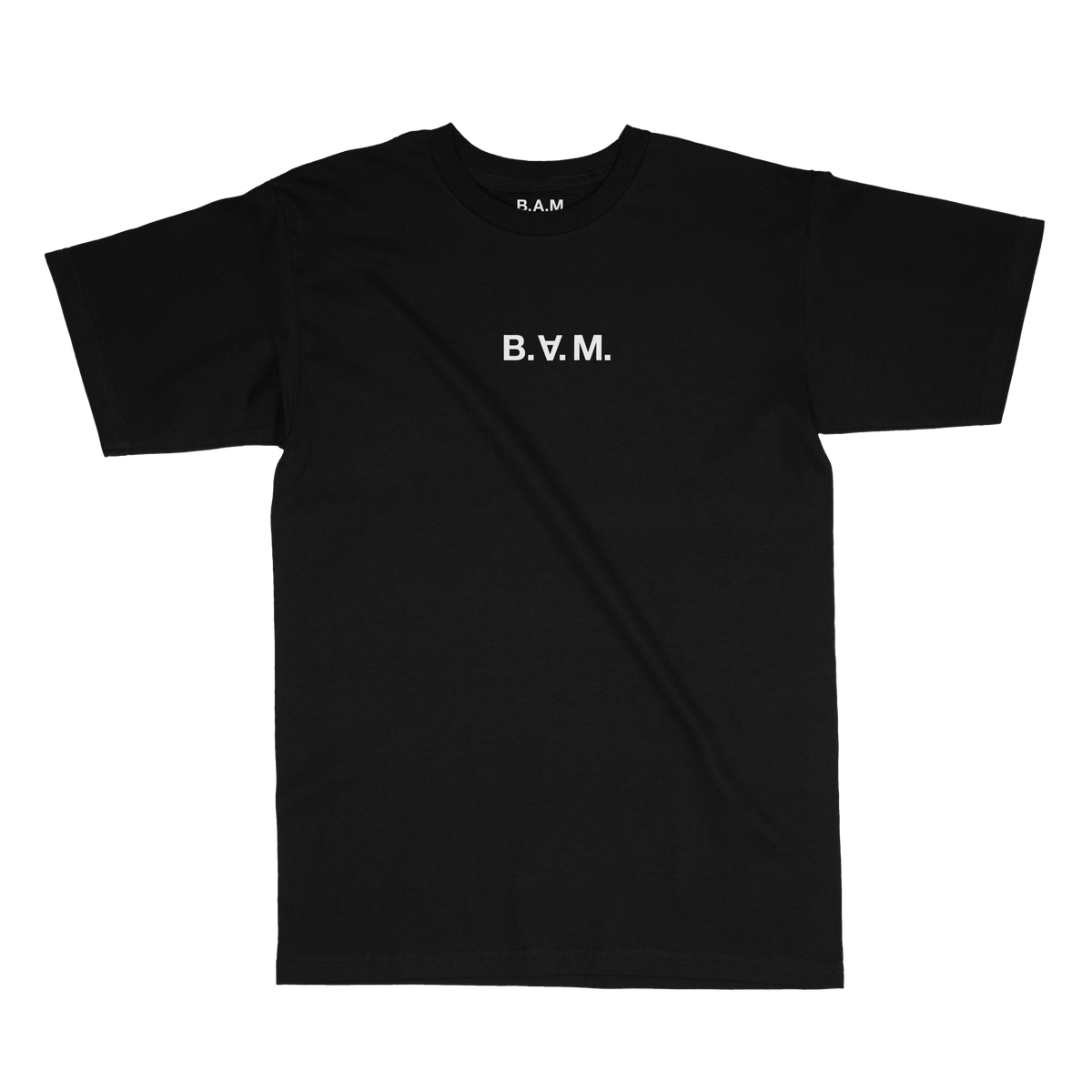 Black tee with minimal white B.A.M. wordmark centered on the chest – BY ANY MEANS by 2ManyLookz