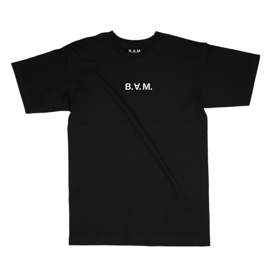 Black tee with minimal white B.A.M. wordmark centered on the chest – BY ANY MEANS by 2ManyLookz