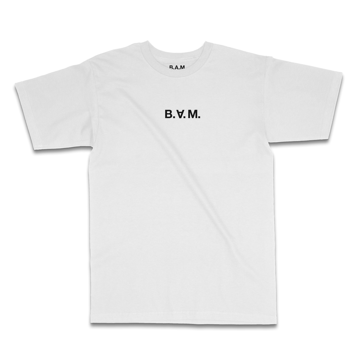 White tee with minimal black B.A.M. wordmark centered on the chest – BY ANY MEANS by 2ManyLookz