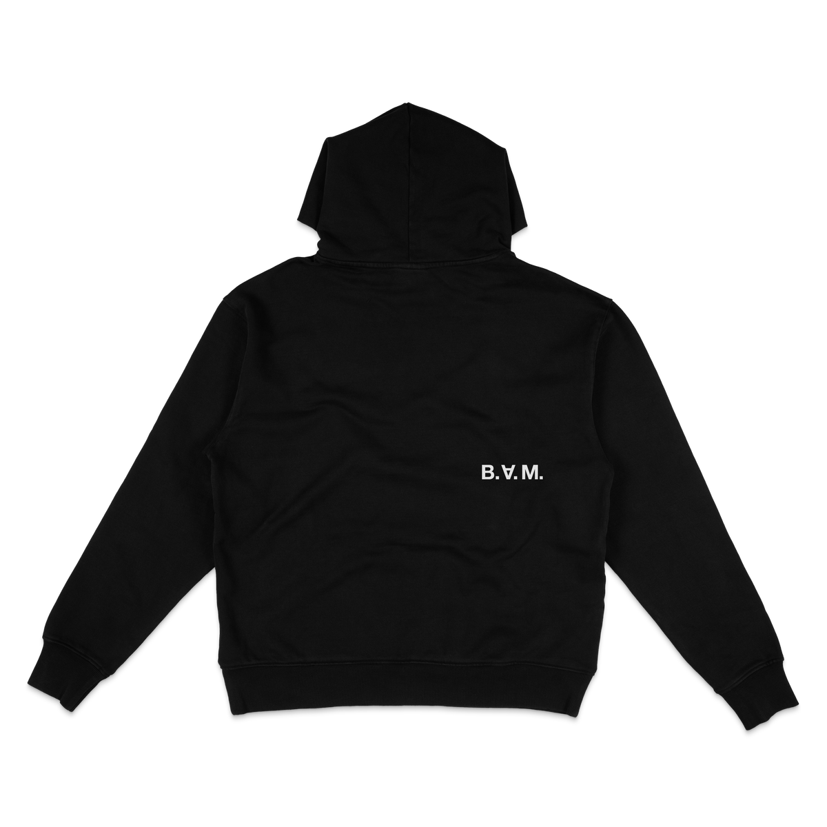 Black By Any Means hoodie back with small white B.A.M. logo – BY ANY MEANS by 2ManyLookz