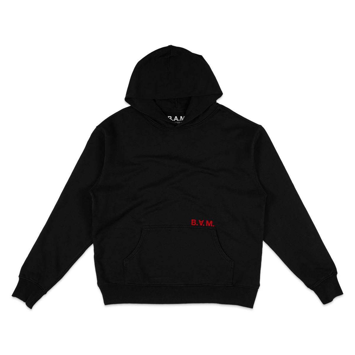 Black hoodie front with red B.A.M. logo above the pocket – BY ANY MEANS by 2ManyLookz