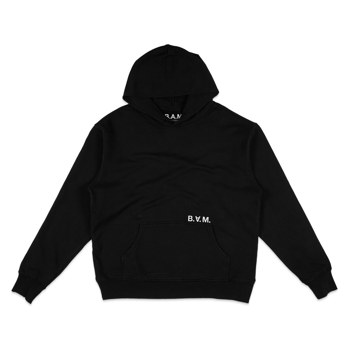 Black hoodie front with white B.A.M. logo above the pocket – BY ANY MEANS by 2ManyLookz