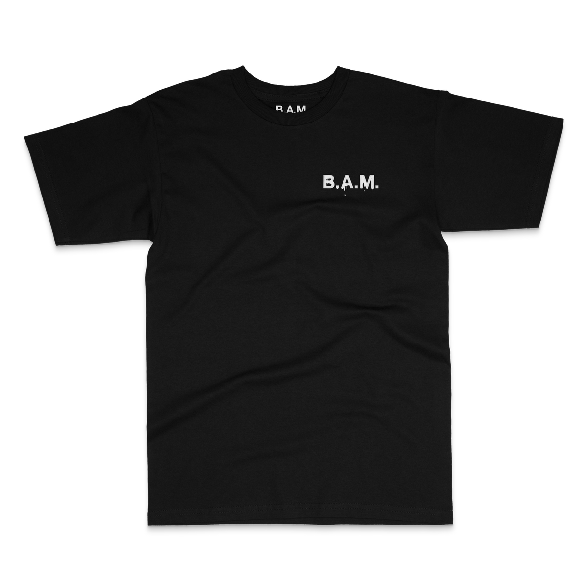 Black tee front with small white drip B.A.M. chest logo – BY ANY MEANS by 2ManyLookz