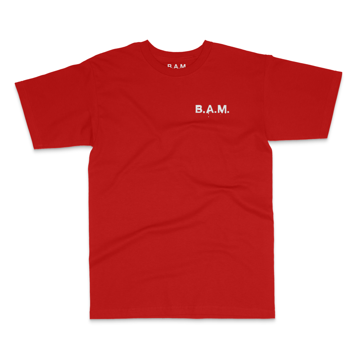Red tee front with small white drip B.A.M. chest logo – BY ANY MEANS by 2ManyLookz