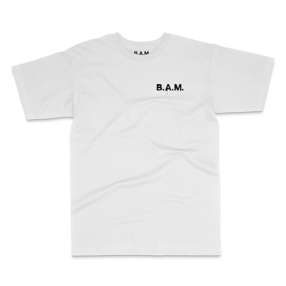 White tee front with small black drip B.A.M. chest logo – BY ANY MEANS by 2ManyLookz