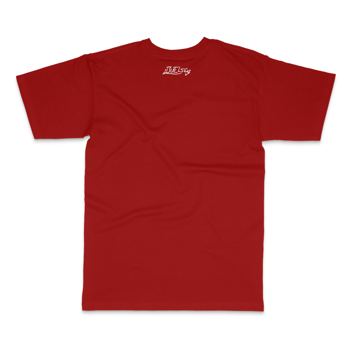 Red tee back with DUEL signature at the neck – DUEL by 2ManyLookz