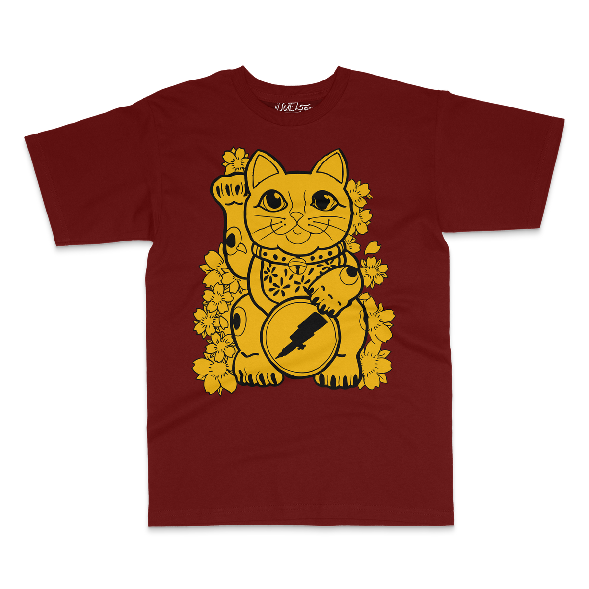 Maroon tee with a gold lucky cat and cherry blossoms – DUEL by 2ManyLookz