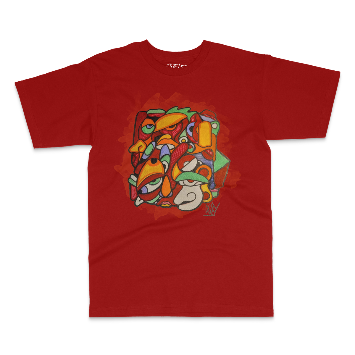 Red tee with hand-drawn abstract faces in red, orange and green on a red splash – DUEL by 2ManyLookz