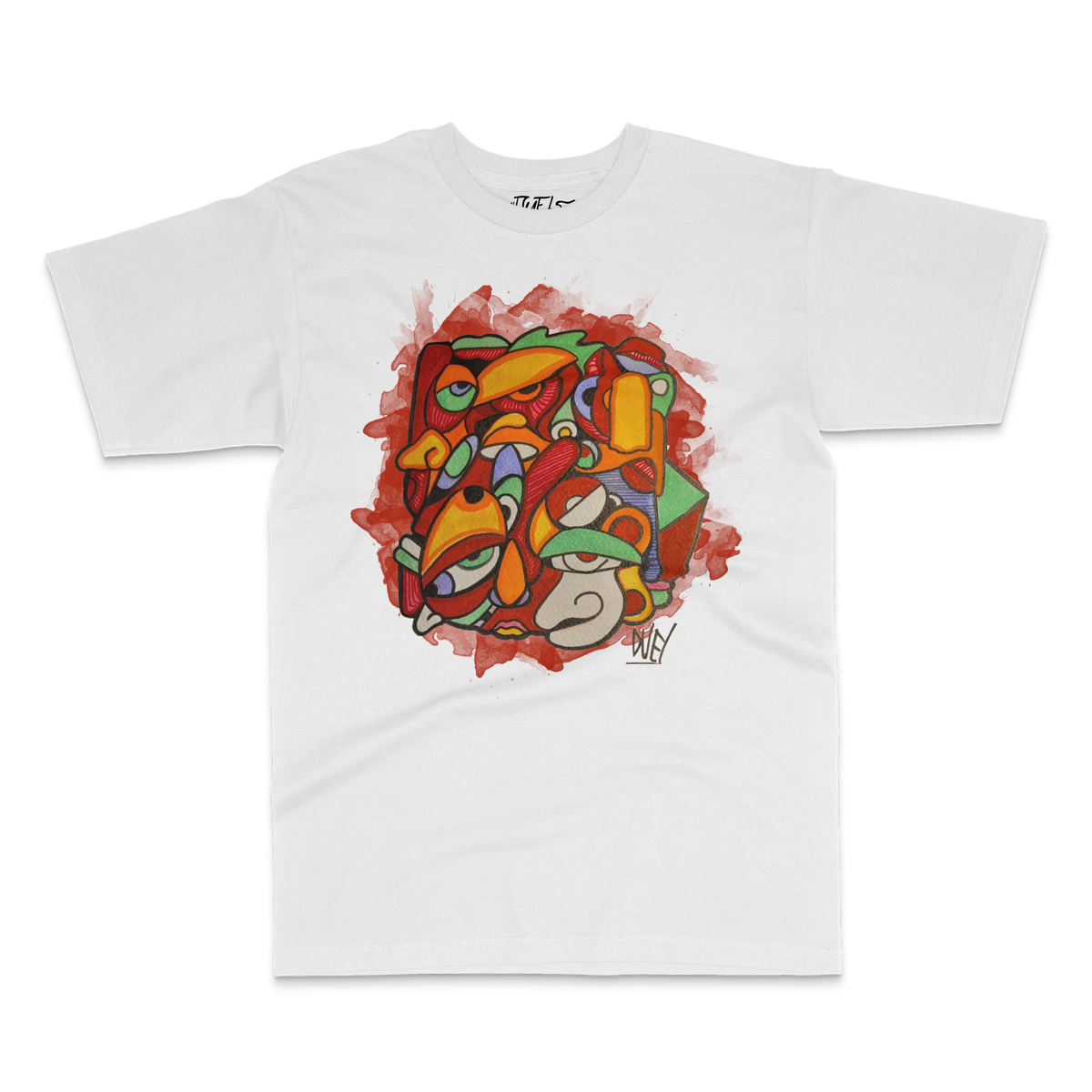 White tee with hand-drawn abstract faces in red, orange and green on a red splash – DUEL by 2ManyLookz