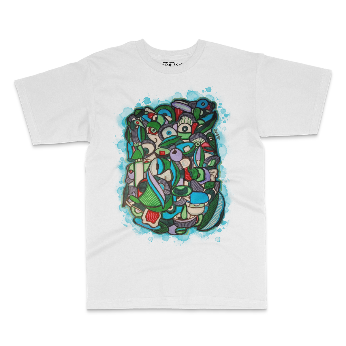 White tee with hand-drawn abstract figures in green, blue and purple on a teal splash – DUEL by 2ManyLookz