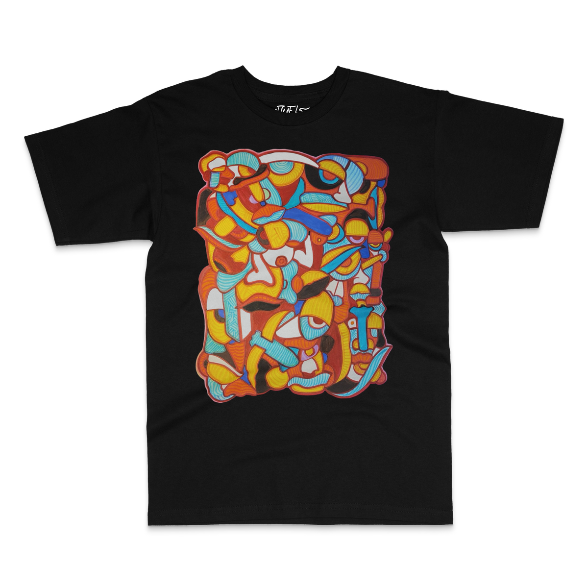 Black tee with hand-drawn abstract figures in orange, yellow and sky blue – DUEL by 2ManyLookz
