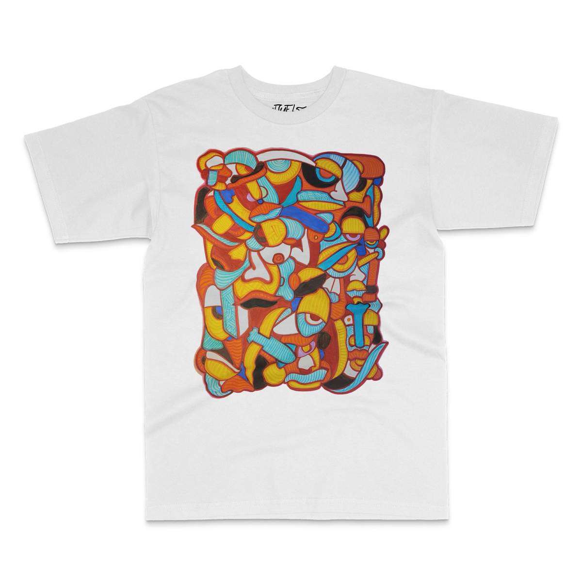 White tee with hand-drawn abstract figures in orange, yellow and sky blue – DUEL by 2ManyLookz