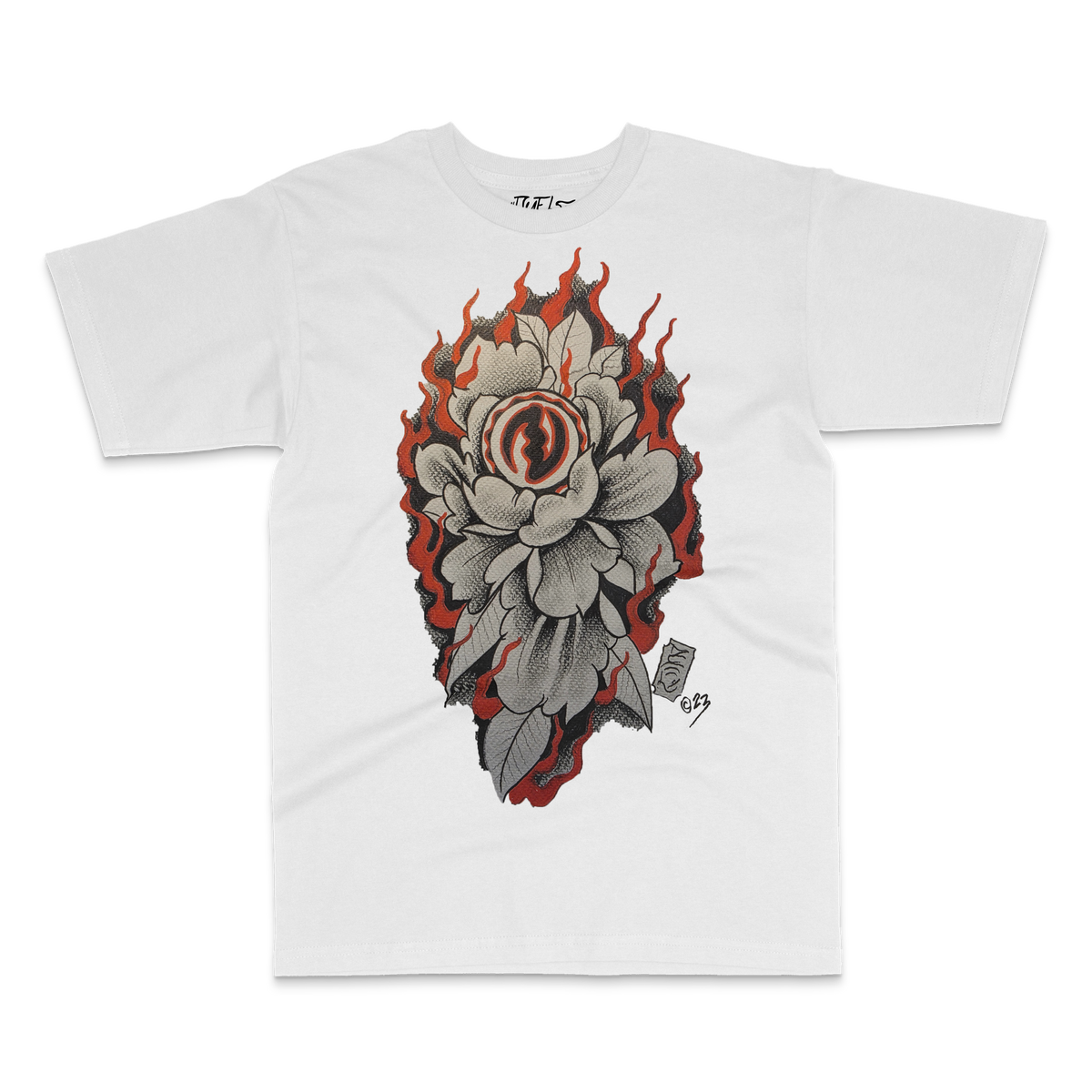 White tee with a gray peony wrapped in red flames – DUEL by 2ManyLookz