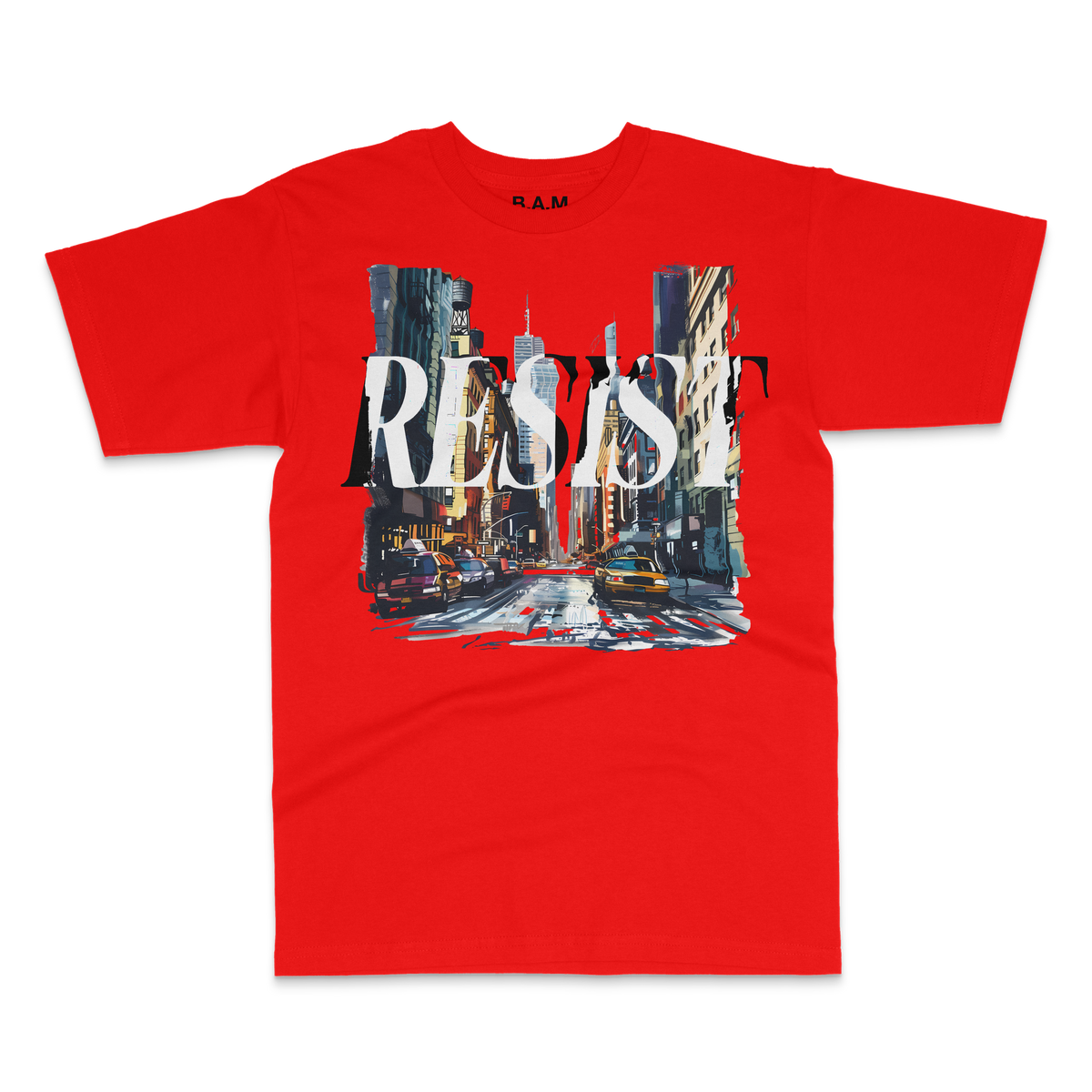 Red tee with distressed RESIST lettering over a painted NYC street with yellow cabs – BY ANY MEANS by 2ManyLookz