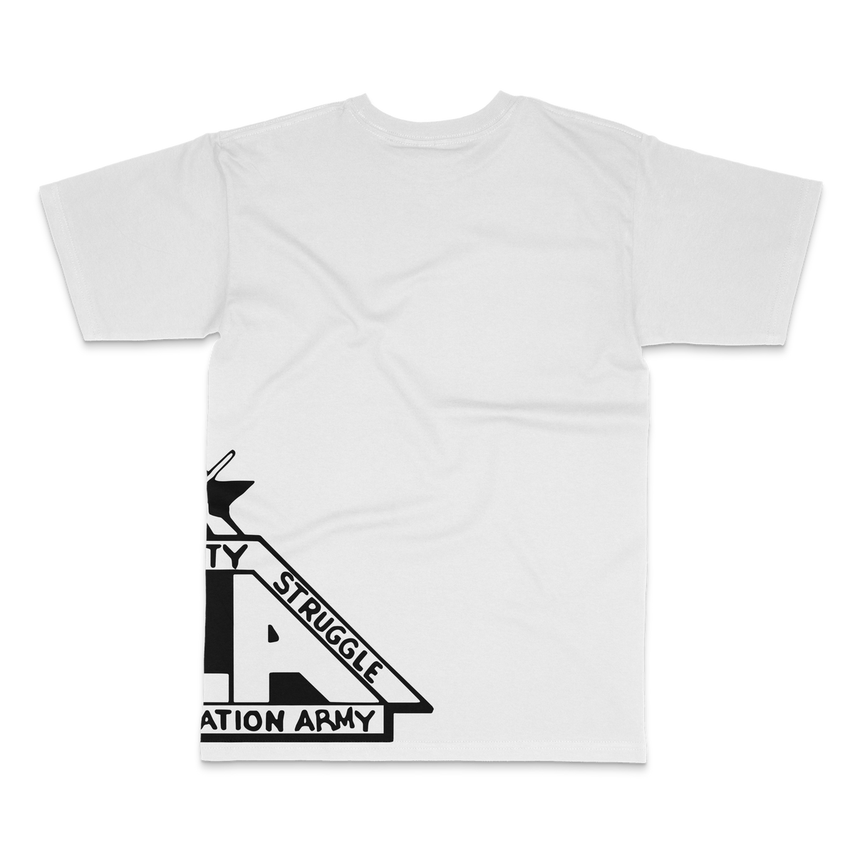 White Twymon Ford Myers tee back with Black Liberation Army emblem wrapping around the hem – BY ANY MEANS by 2ManyLookz