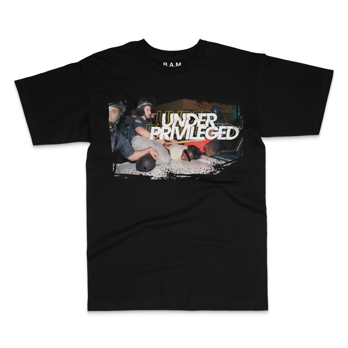 Black tee with photo of riot police pinning men to a car hood under Under Privileged lettering – BY ANY MEANS by 2ManyLookz
