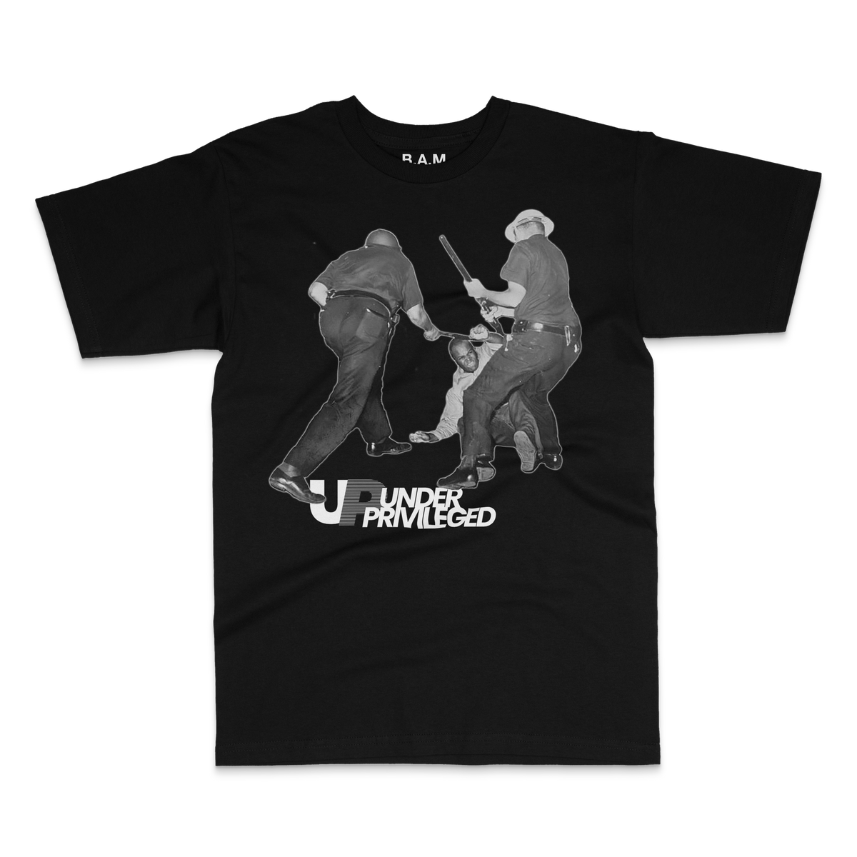 Black tee with archival photo of two officers swinging batons at a man on the ground, Under Privileged lettering – BY ANY MEANS by 2ManyLookz