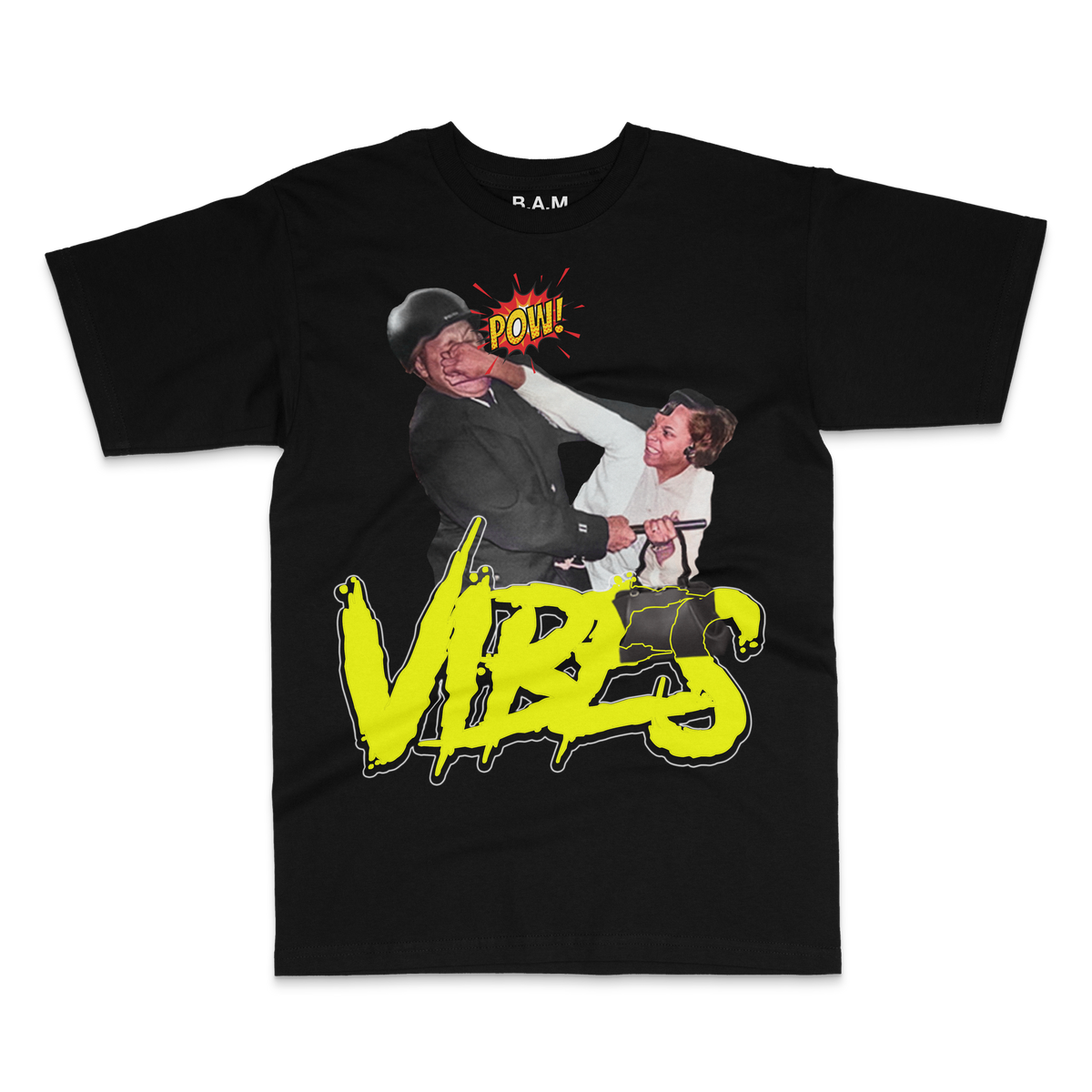 Black tee with a woman punching a helmeted man, POW! burst and neon yellow VIBES lettering – BY ANY MEANS by 2ManyLookz