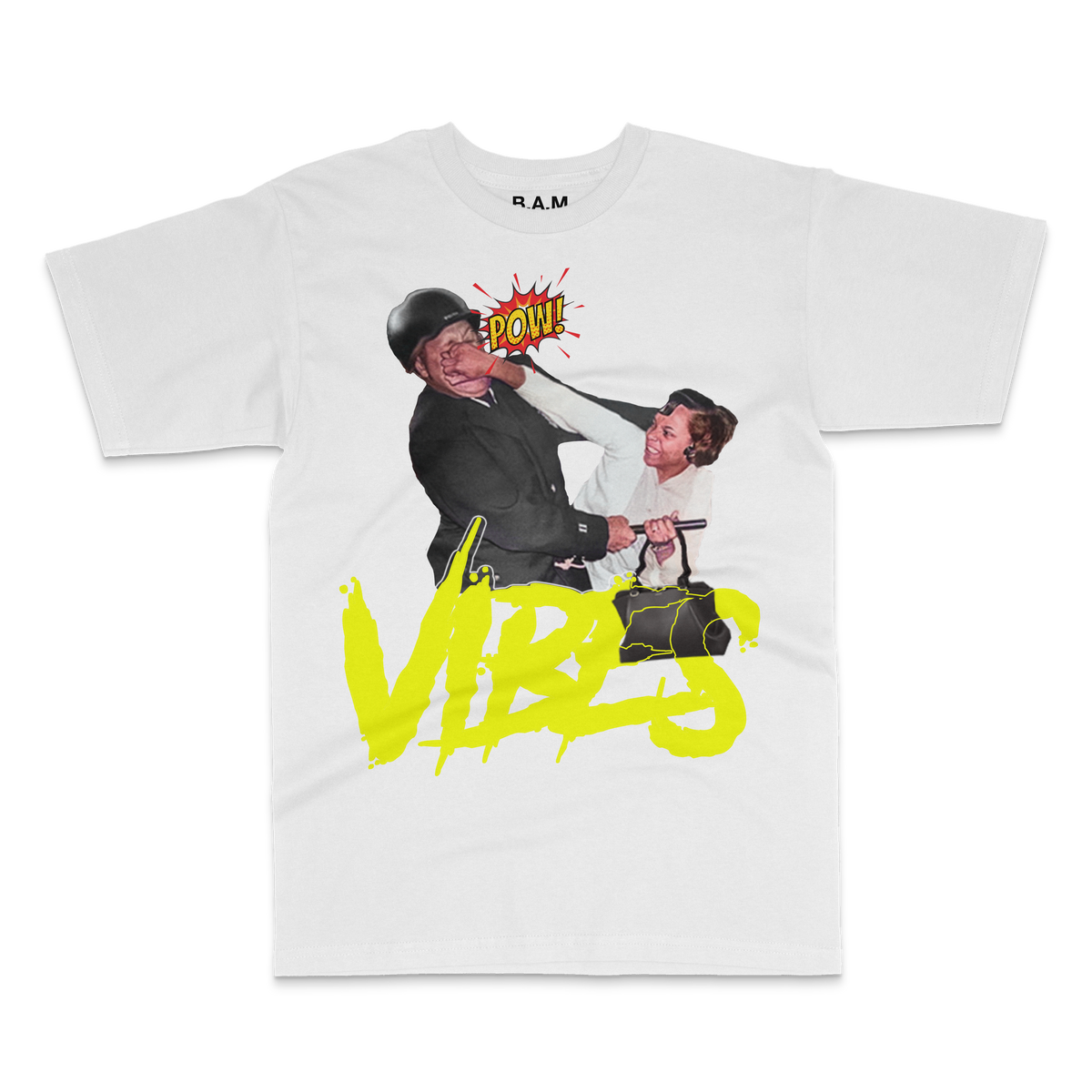 White tee with a woman punching a helmeted man, POW! burst and neon yellow VIBES lettering – BY ANY MEANS by 2ManyLookz